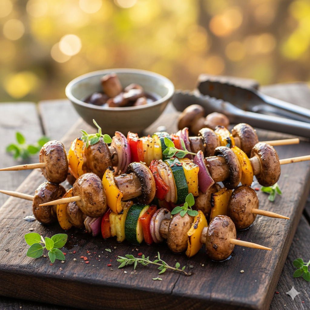 Gegrillte Pilzspieße mit Kräutern